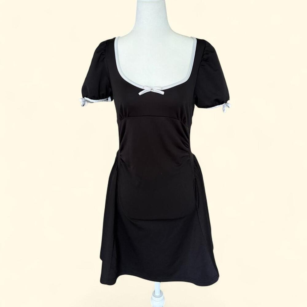 CIDER Black Coquette Puff Sleeve Date Night Dress